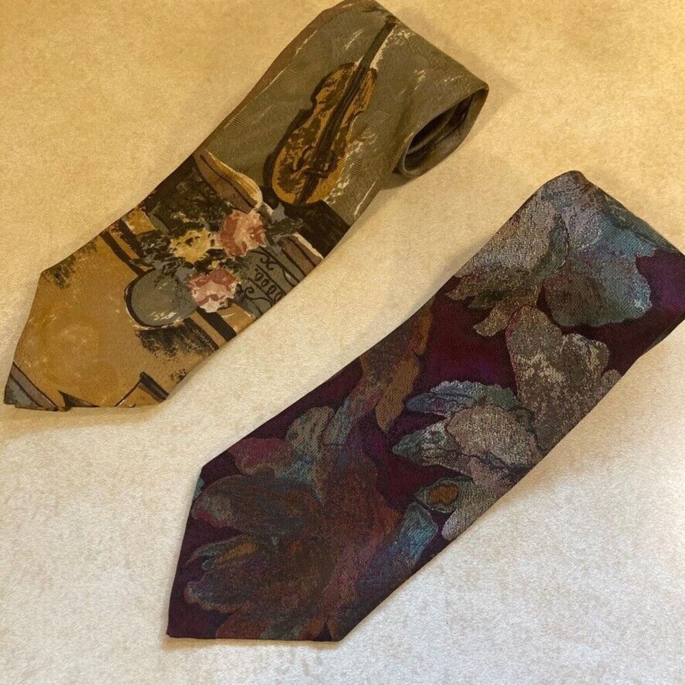 Bachrach Tie Lot of 2 Silk Abstract Floral and Musical Violin 58x3.5